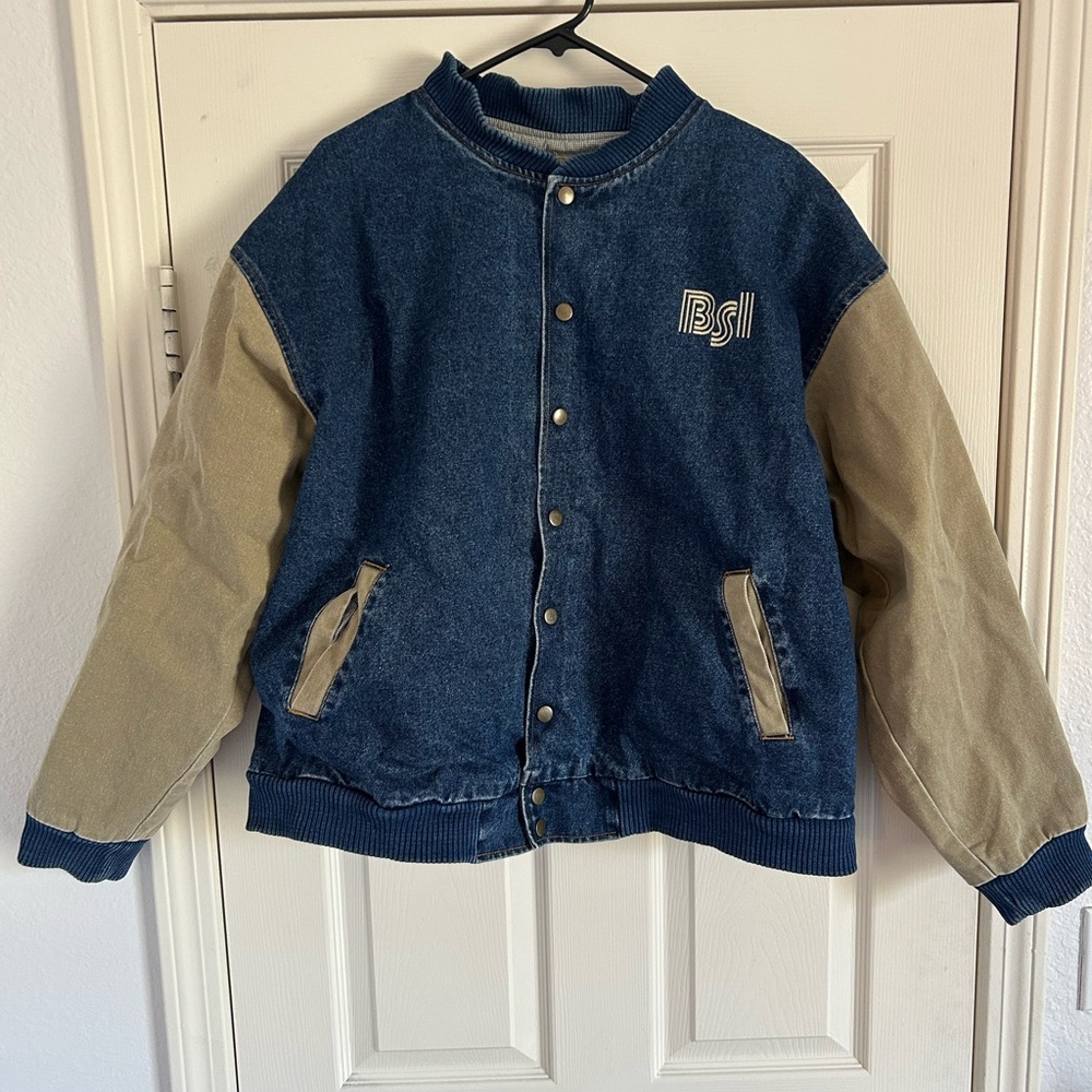 Denim Varsity Jacket with Tan Sleeves